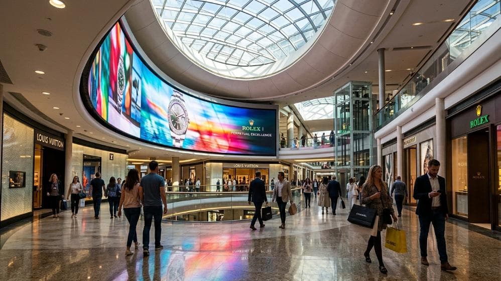 Large indoor LED advertising display inside a shopping mall