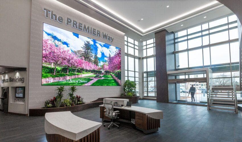 LED video wall in a modern corporate and bank interior