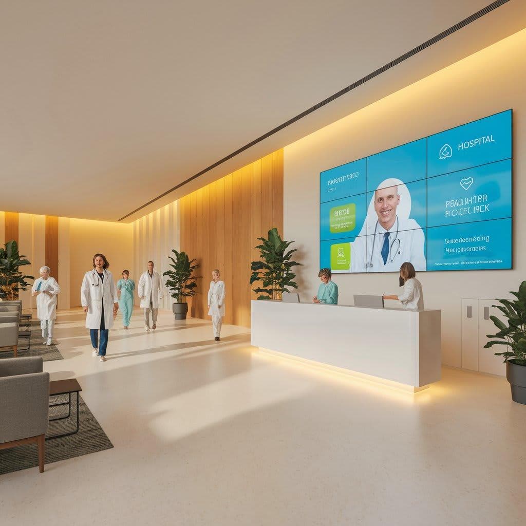 Indoor LED display in a modern hospital lobby