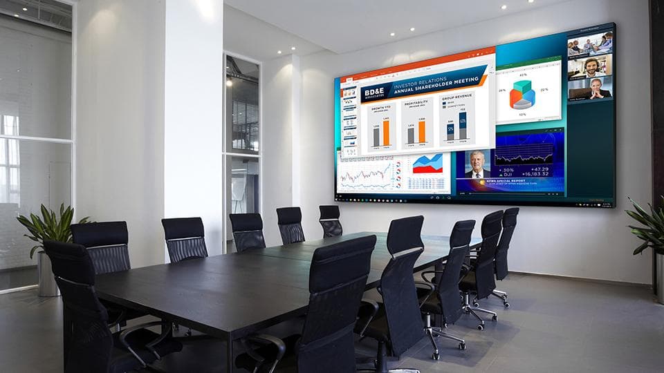 Indoor LED video wall displaying vibrant, high-resolution visuals in a modern commercial interior